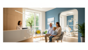 Happy family in modern dental clinic reception at Red Rose Dentistry in downtown Hamilton Ontario