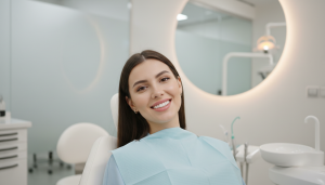 Woman with bright white smile after professional teeth whitening treatment in Hamilton dental clinic