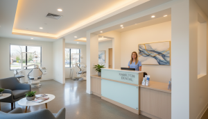 Red Rose Dentistry reception and waiting area — modern dental clinic at 135 James St S, Downtown Hamilton, ON